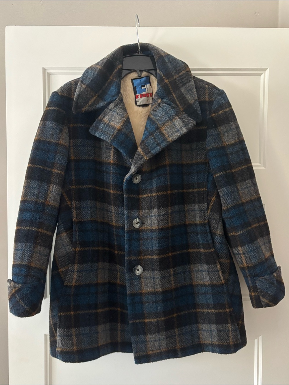 Vintage Plaid Wool Blend Coat - Blue/Gray